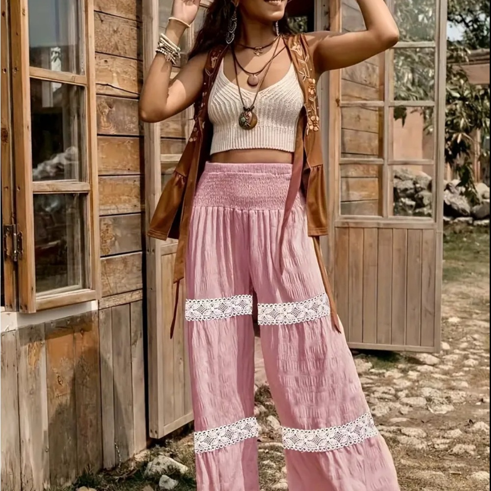 Bohemian Pink Lace Trim Pants